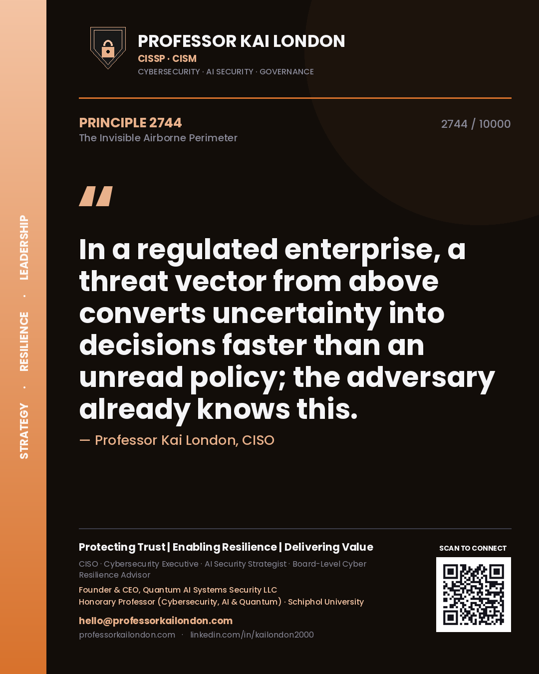 Quote card by Professor Kai London reading 'In a regulated enterprise, a threat vector from above converts uncertainty into decisions faster than an unread policy; the adversary already knows this.'. From the book The Invisible Airborne Perimeter.