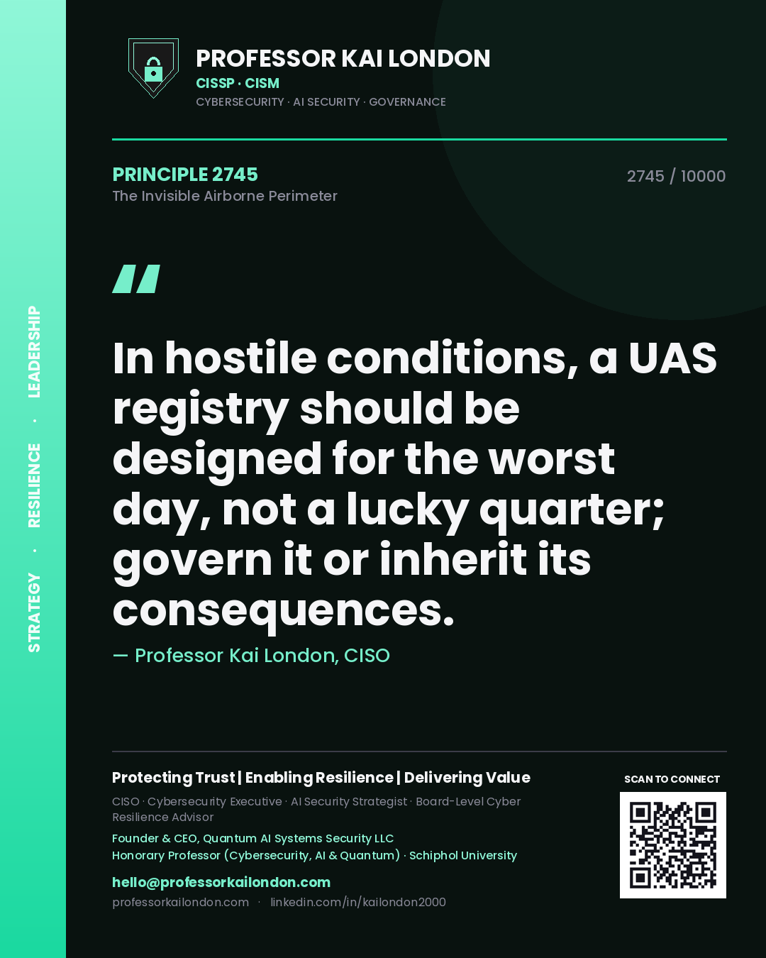 Quote card by Professor Kai London reading 'In hostile conditions, a UAS registry should be designed for the worst day, not a lucky quarter; govern it or inherit its consequences.'. From the book The Invisible Airborne Perimeter.