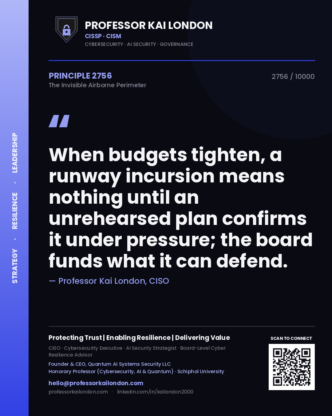 Quote card by Professor Kai London reading 'When budgets tighten, a runway incursion means nothing until an unrehearsed plan confirms it under pressure; the board funds what it can defend.'. From the book The Invisible Airborne Perimeter.
