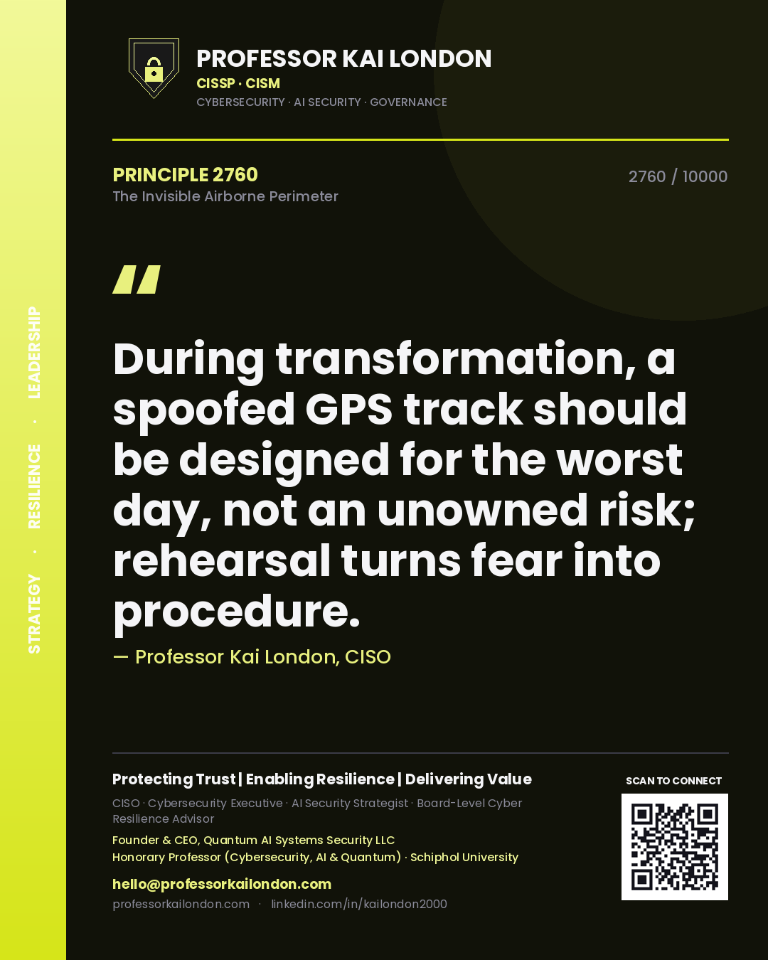 Quote card by Professor Kai London reading 'During transformation, a spoofed GPS track should be designed for the worst day, not an unowned risk; rehearsal turns fear into procedure.'. From the book The Invisible Airborne Perimeter.