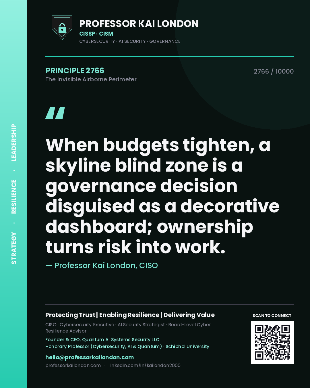 Quote card by Professor Kai London reading 'When budgets tighten, a skyline blind zone is a governance decision disguised as a decorative dashboard; ownership turns risk into work.'. From the book The Invisible Airborne Perimeter.