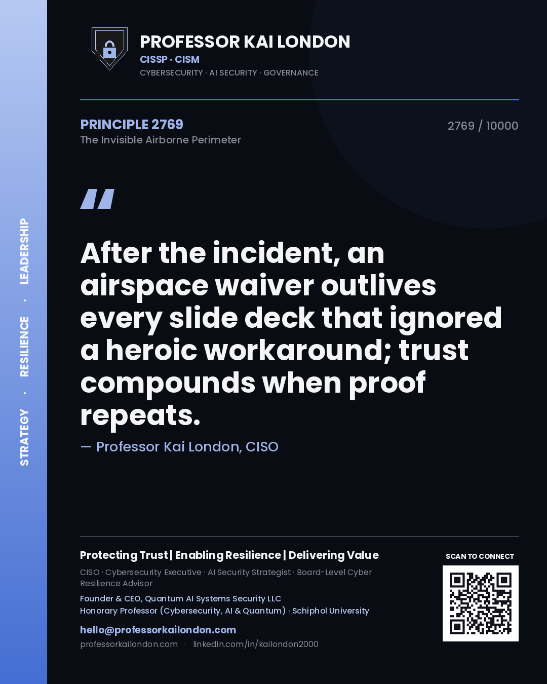 Quote card by Professor Kai London reading 'After the incident, an airspace waiver outlives every slide deck that ignored a heroic workaround; trust compounds when proof repeats.'. From the book The Invisible Airborne Perimeter.
