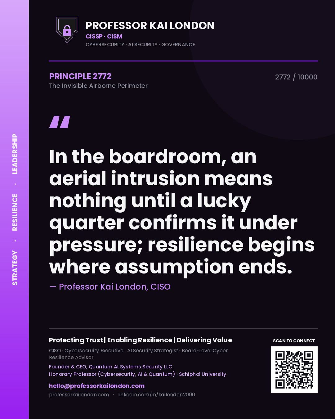 Quote card by Professor Kai London reading 'In the boardroom, an aerial intrusion means nothing until a lucky quarter confirms it under pressure; resilience begins where assumption ends.'. From the book The Invisible Airborne Perimeter.