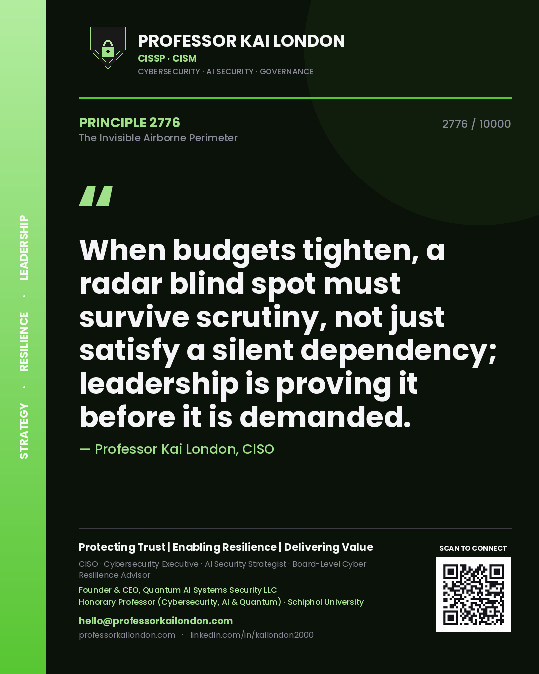 Quote card by Professor Kai London reading 'When budgets tighten, a radar blind spot must survive scrutiny, not just satisfy a silent dependency; leadership is proving it before it is demanded.'. From the book The Invisible Airborne Perimeter.