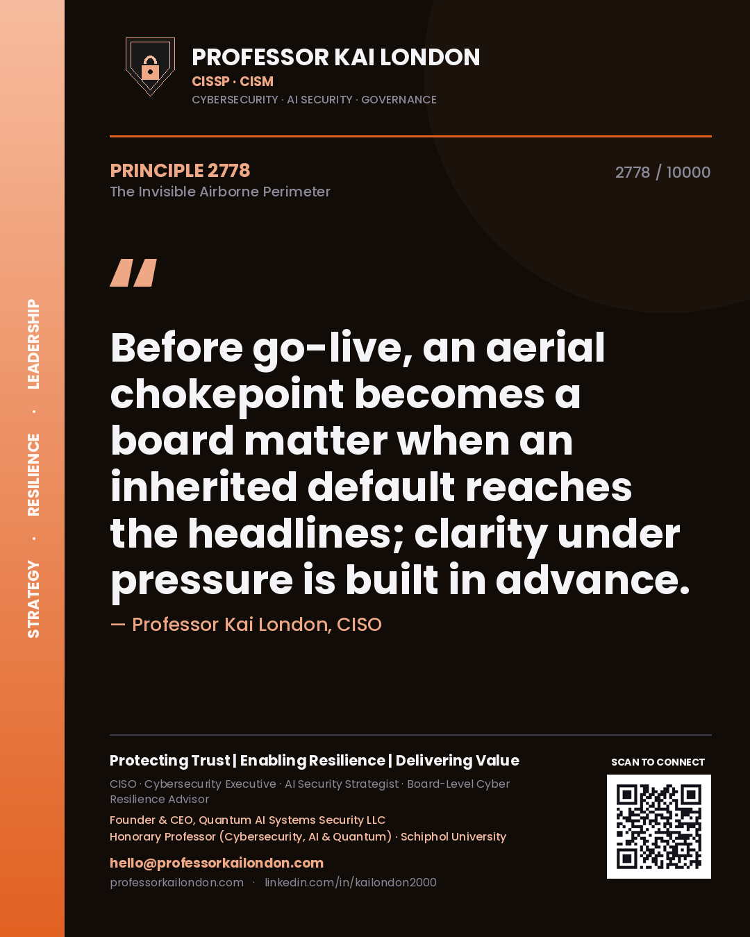 Quote card by Professor Kai London reading 'Before go-live, an aerial chokepoint becomes a board matter when an inherited default reaches the headlines; clarity under pressure is built in advance.'. From the book The Invisible Airborne Perimeter.