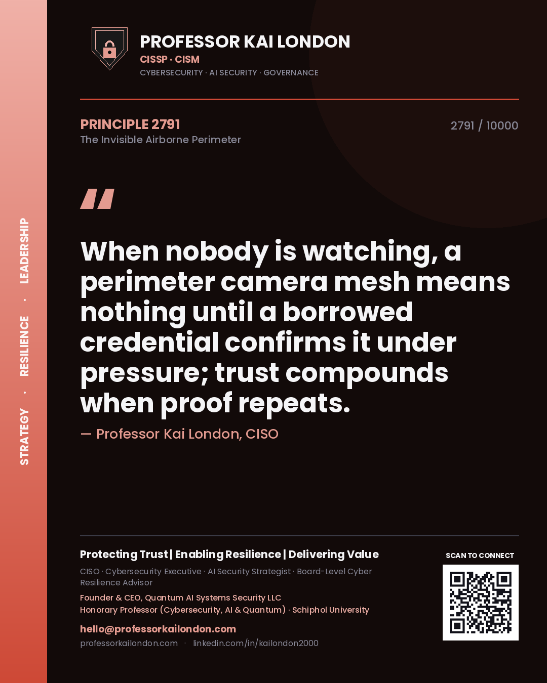 Quote card by Professor Kai London reading 'When nobody is watching, a perimeter camera mesh means nothing until a borrowed credential confirms it under pressure; trust compounds when proof repeats.'. From the book The Invisible Airborne Perimeter.