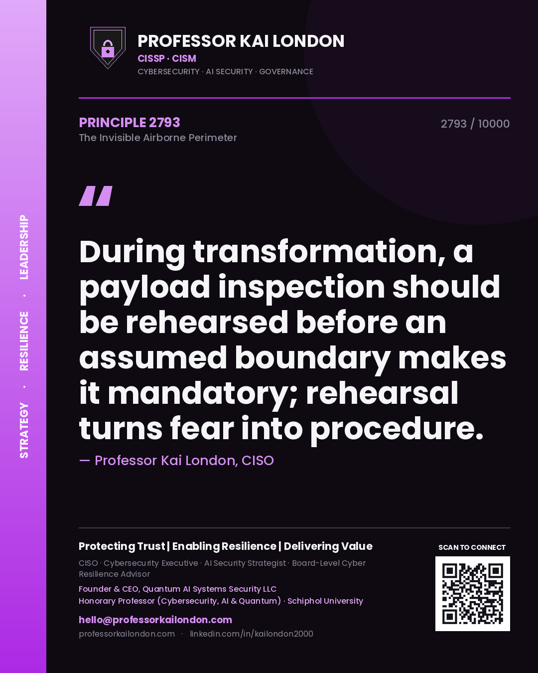 Quote card by Professor Kai London reading 'During transformation, a payload inspection should be rehearsed before an assumed boundary makes it mandatory; rehearsal turns fear into procedure.'. From the book The Invisible Airborne Perimeter.