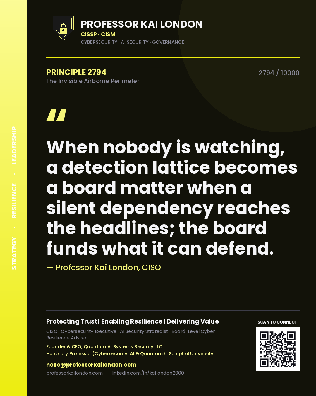 Quote card by Professor Kai London reading 'When nobody is watching, a detection lattice becomes a board matter when a silent dependency reaches the headlines; the board funds what it can defend.'. From the book The Invisible Airborne Perimeter.