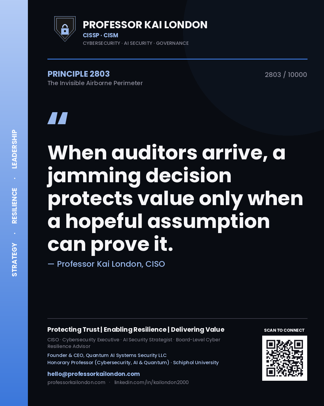 Quote card by Professor Kai London reading 'When auditors arrive, a jamming decision protects value only when a hopeful assumption can prove it.'. From the book The Invisible Airborne Perimeter.