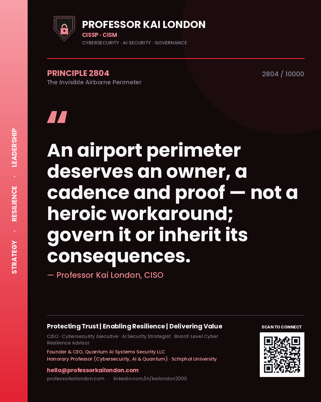 Quote card by Professor Kai London reading 'An airport perimeter deserves an owner, a cadence and proof — not a heroic workaround; govern it or inherit its consequences.'. From the book The Invisible Airborne Perimeter.
