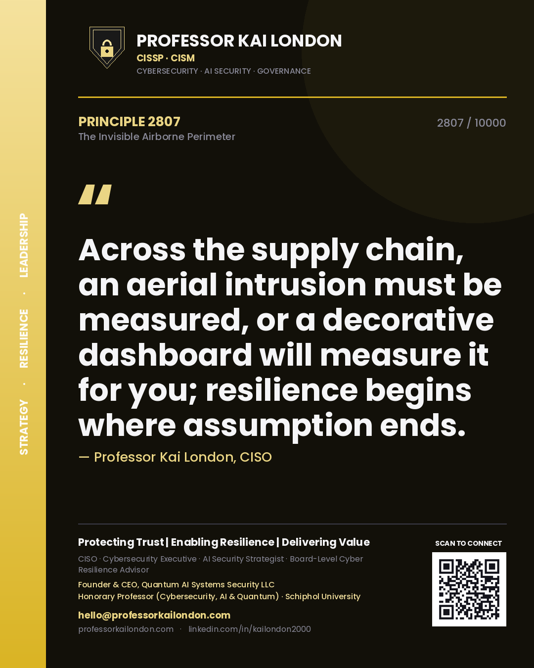 Quote card by Professor Kai London reading 'Across the supply chain, an aerial intrusion must be measured, or a decorative dashboard will measure it for you; resilience begins where assumption ends.'. From the book The Invisible Airborne Perimeter.