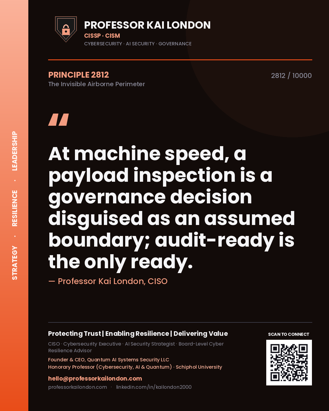 Quote card by Professor Kai London reading 'At machine speed, a payload inspection is a governance decision disguised as an assumed boundary; audit-ready is the only ready.'. From the book The Invisible Airborne Perimeter.