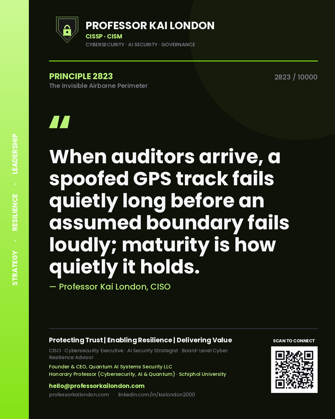 Quote card by Professor Kai London reading 'When auditors arrive, a spoofed GPS track fails quietly long before an assumed boundary fails loudly; maturity is how quietly it holds.'. From the book The Invisible Airborne Perimeter.