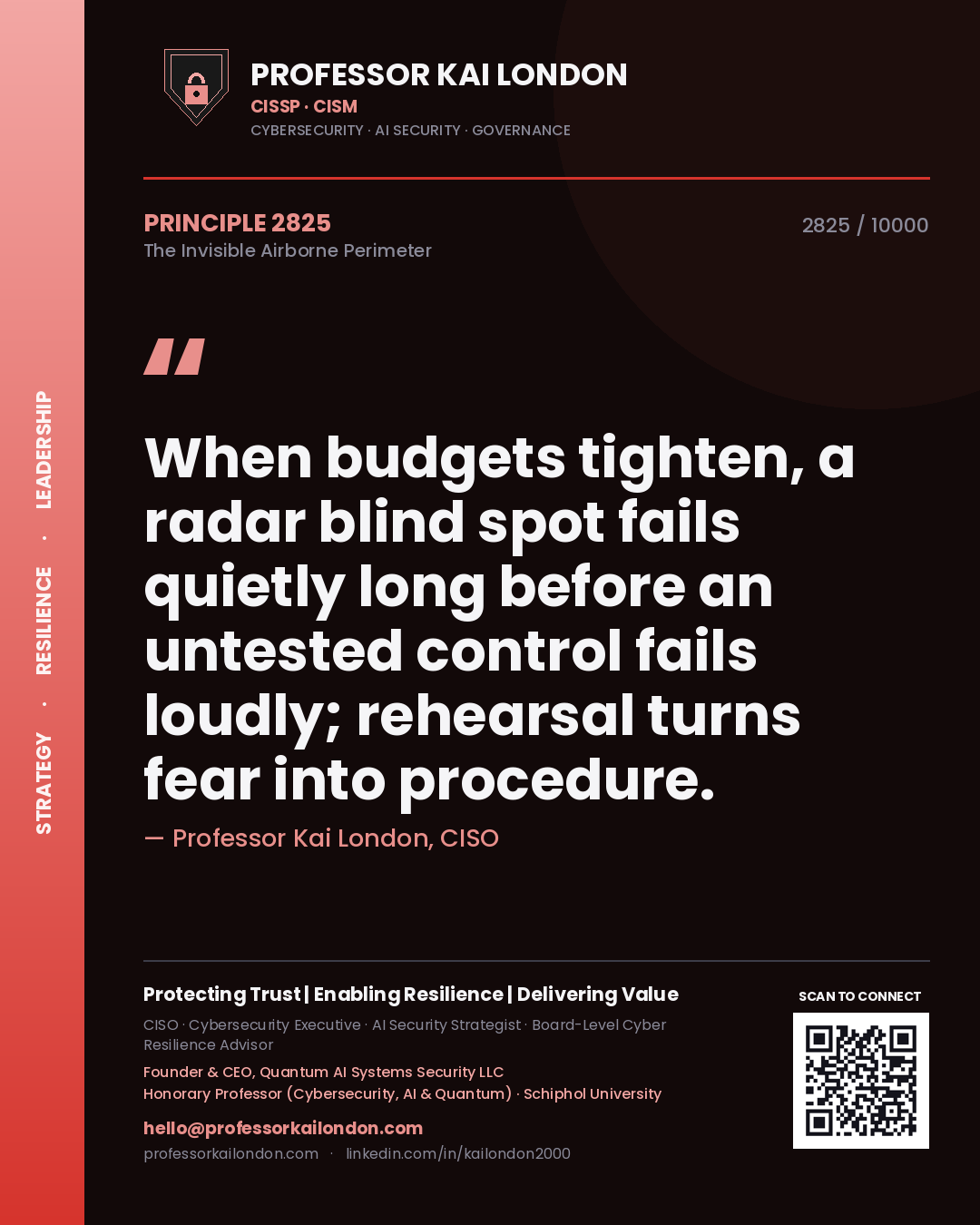 Quote card by Professor Kai London reading 'When budgets tighten, a radar blind spot fails quietly long before an untested control fails loudly; rehearsal turns fear into procedure.'. From the book The Invisible Airborne Perimeter.