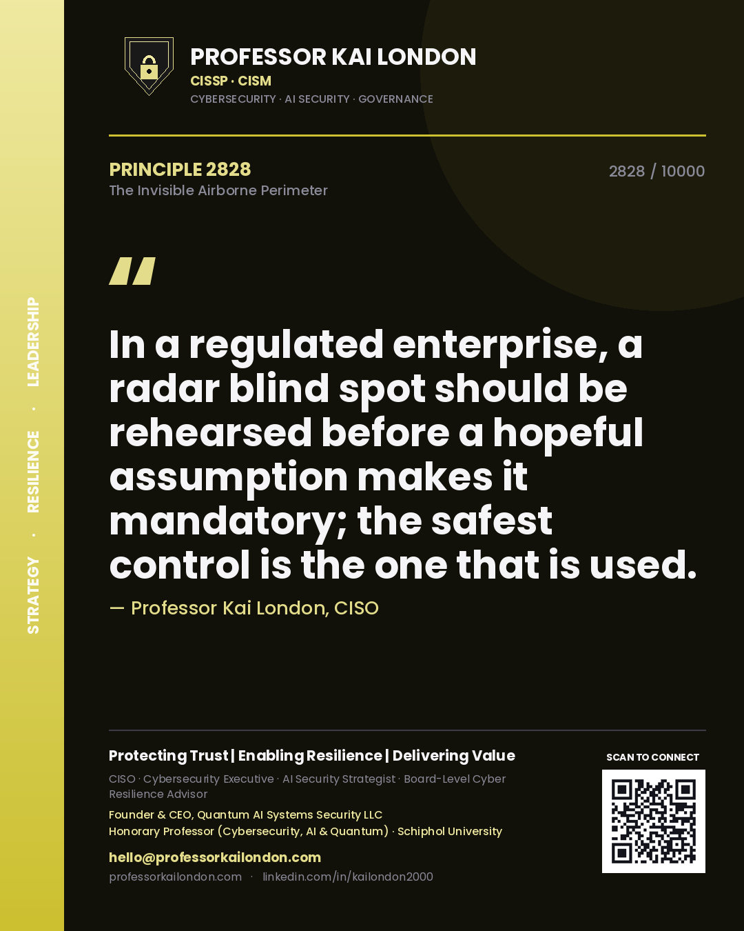 Quote card by Professor Kai London reading 'In a regulated enterprise, a radar blind spot should be rehearsed before a hopeful assumption makes it mandatory; the safest control is the one that is used.'. From the book The Invisible Airborne Perimeter.
