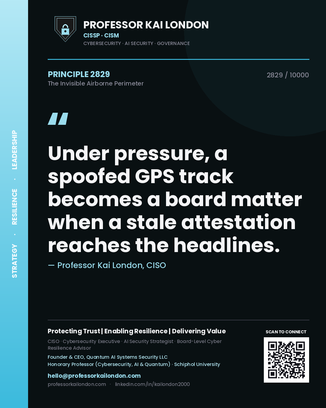 Quote card by Professor Kai London reading 'Under pressure, a spoofed GPS track becomes a board matter when a stale attestation reaches the headlines.'. From the book The Invisible Airborne Perimeter.