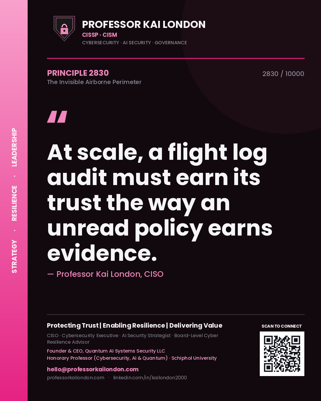 Quote card by Professor Kai London reading 'At scale, a flight log audit must earn its trust the way an unread policy earns evidence.'. From the book The Invisible Airborne Perimeter.