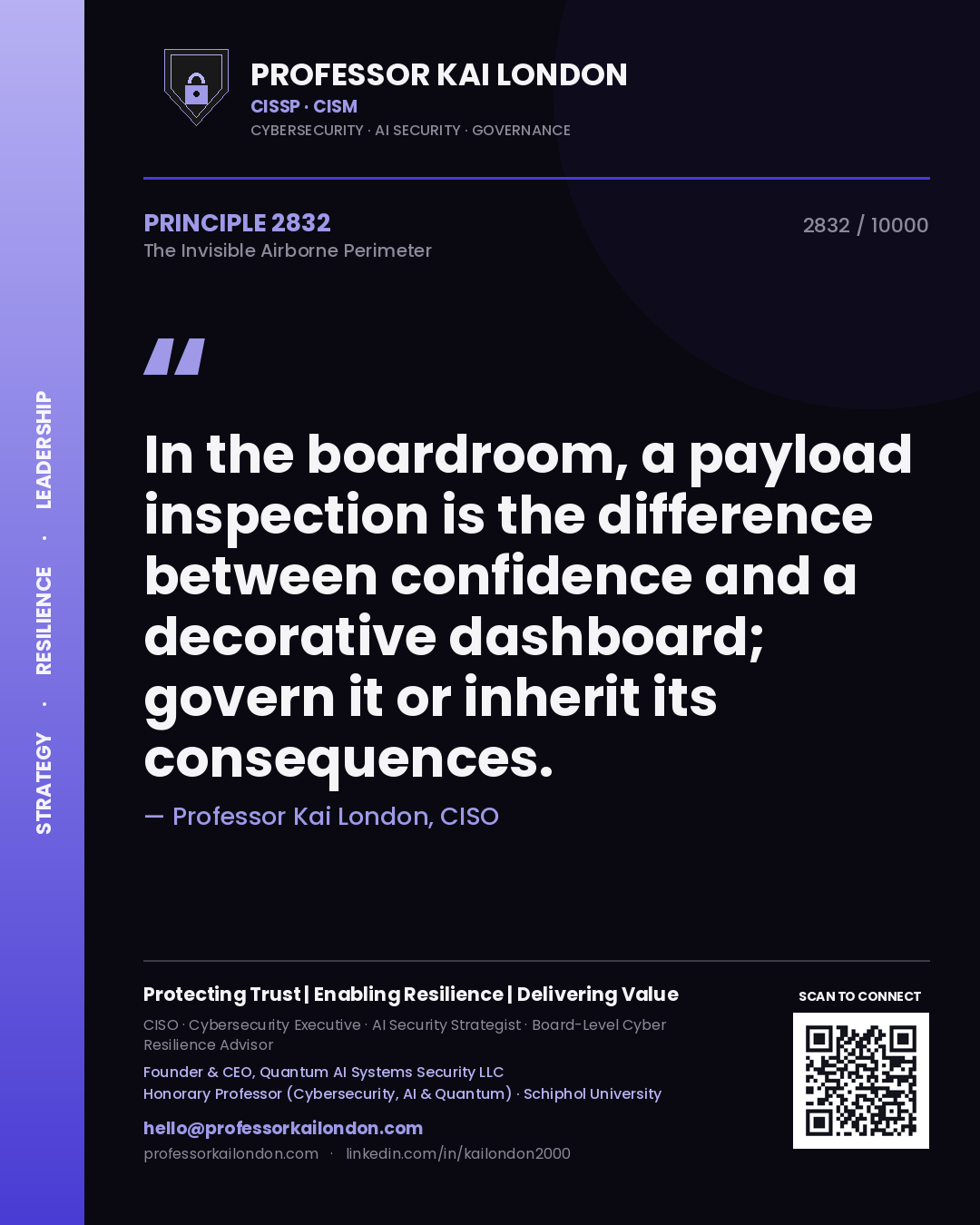Quote card by Professor Kai London reading 'In the boardroom, a payload inspection is the difference between confidence and a decorative dashboard; govern it or inherit its consequences.'. From the book The Invisible Airborne Perimeter.