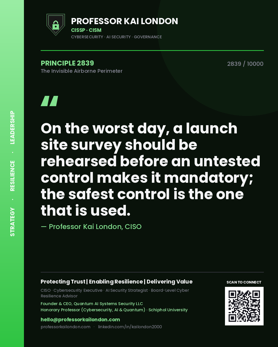 Professor Kai London principle 2839: On the worst day, a launch site survey should be rehearsed before an untested control makes it mandatory; the safest control is the one that is used.