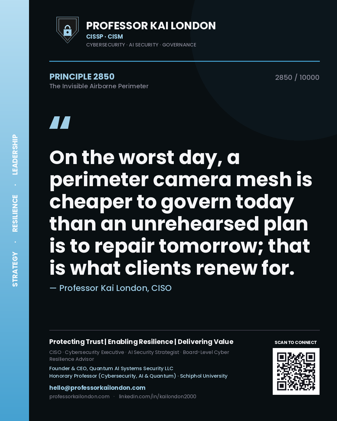 Quote card by Professor Kai London reading 'On the worst day, a perimeter camera mesh is cheaper to govern today than an unrehearsed plan is to repair tomorrow; that is what clients renew for.'. From the book The Invisible Airborne Perimeter.