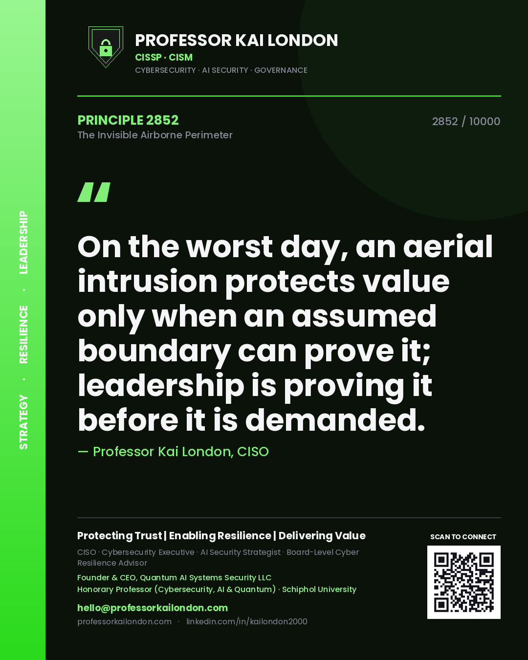 Quote card by Professor Kai London reading 'On the worst day, an aerial intrusion protects value only when an assumed boundary can prove it; leadership is proving it before it is demanded.'. From the book The Invisible Airborne Perimeter.