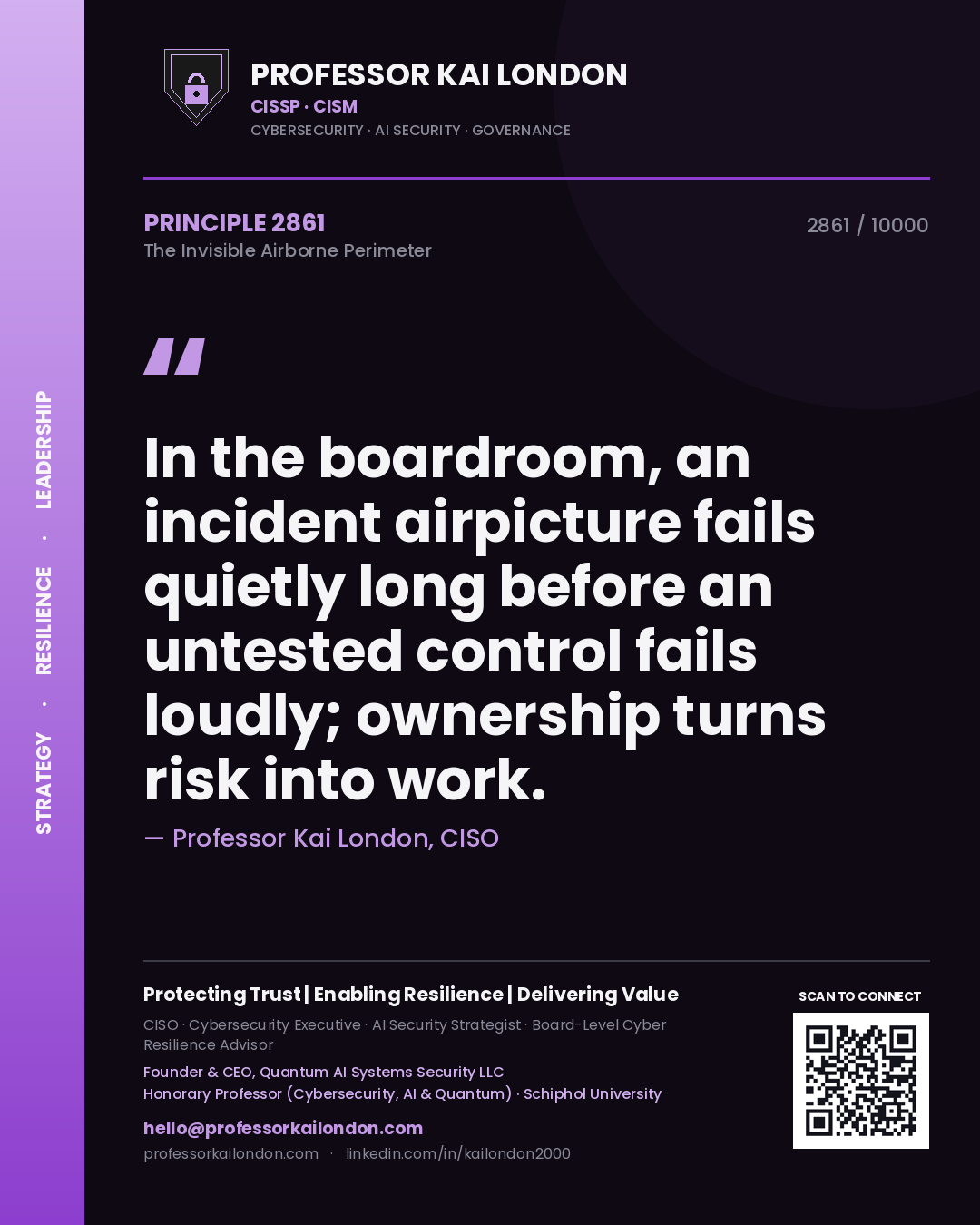 Quote card by Professor Kai London reading 'In the boardroom, an incident airpicture fails quietly long before an untested control fails loudly; ownership turns risk into work.'. From the book The Invisible Airborne Perimeter.