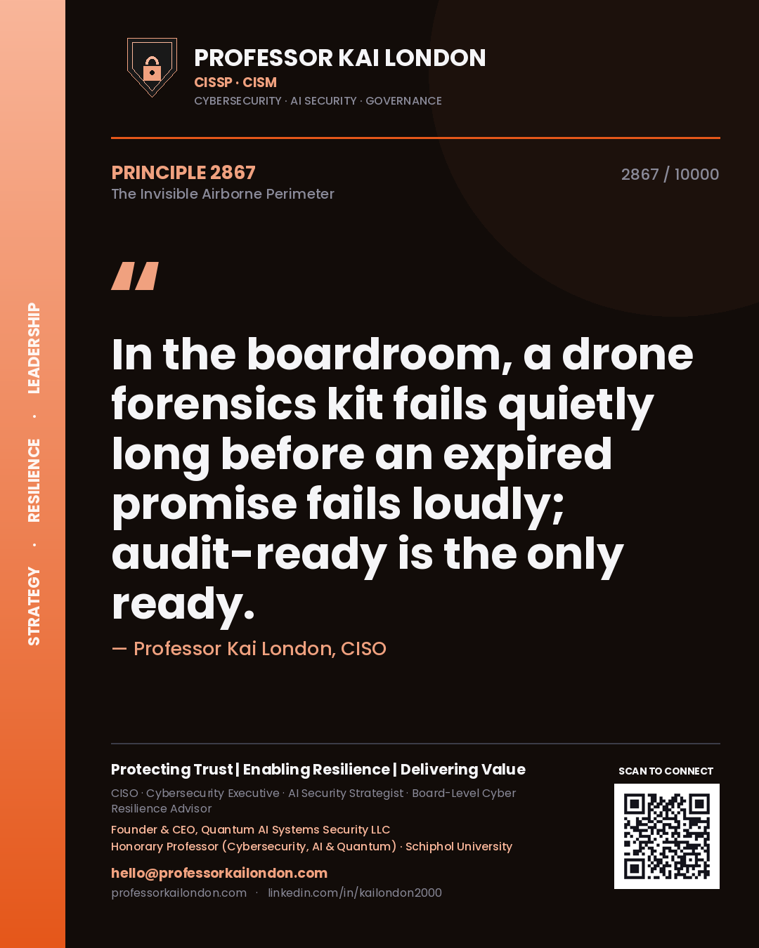 Quote card by Professor Kai London reading 'In the boardroom, a drone forensics kit fails quietly long before an expired promise fails loudly; audit-ready is the only ready.'. From the book The Invisible Airborne Perimeter.