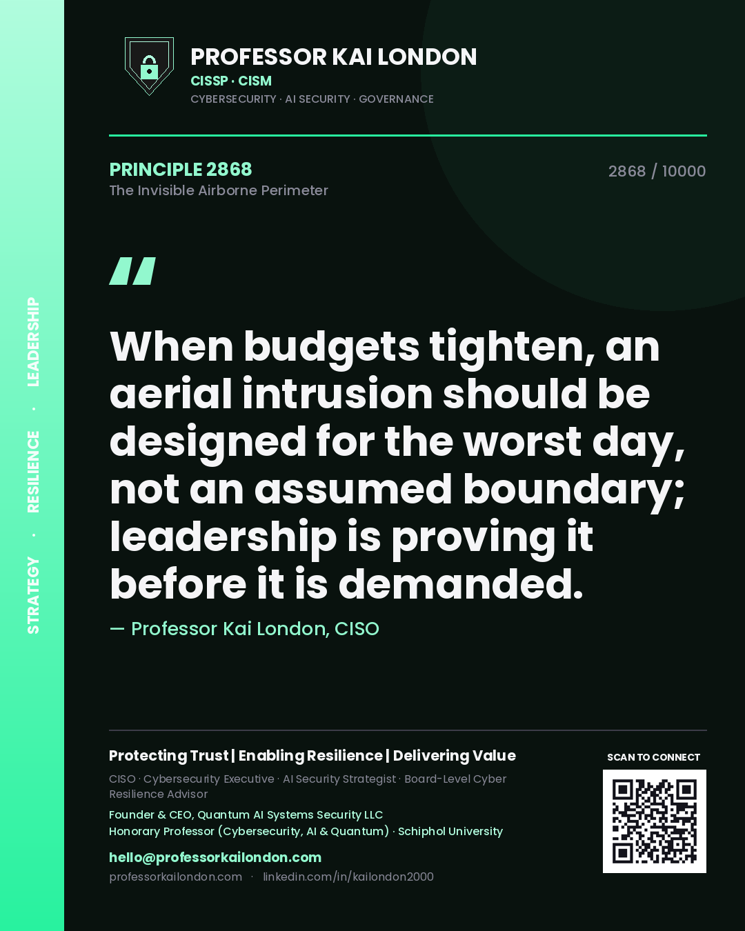 Quote card by Professor Kai London reading 'When budgets tighten, an aerial intrusion should be designed for the worst day, not an assumed boundary; leadership is proving it before it is demanded.'. From the book The Invisible Airborne Perimeter.