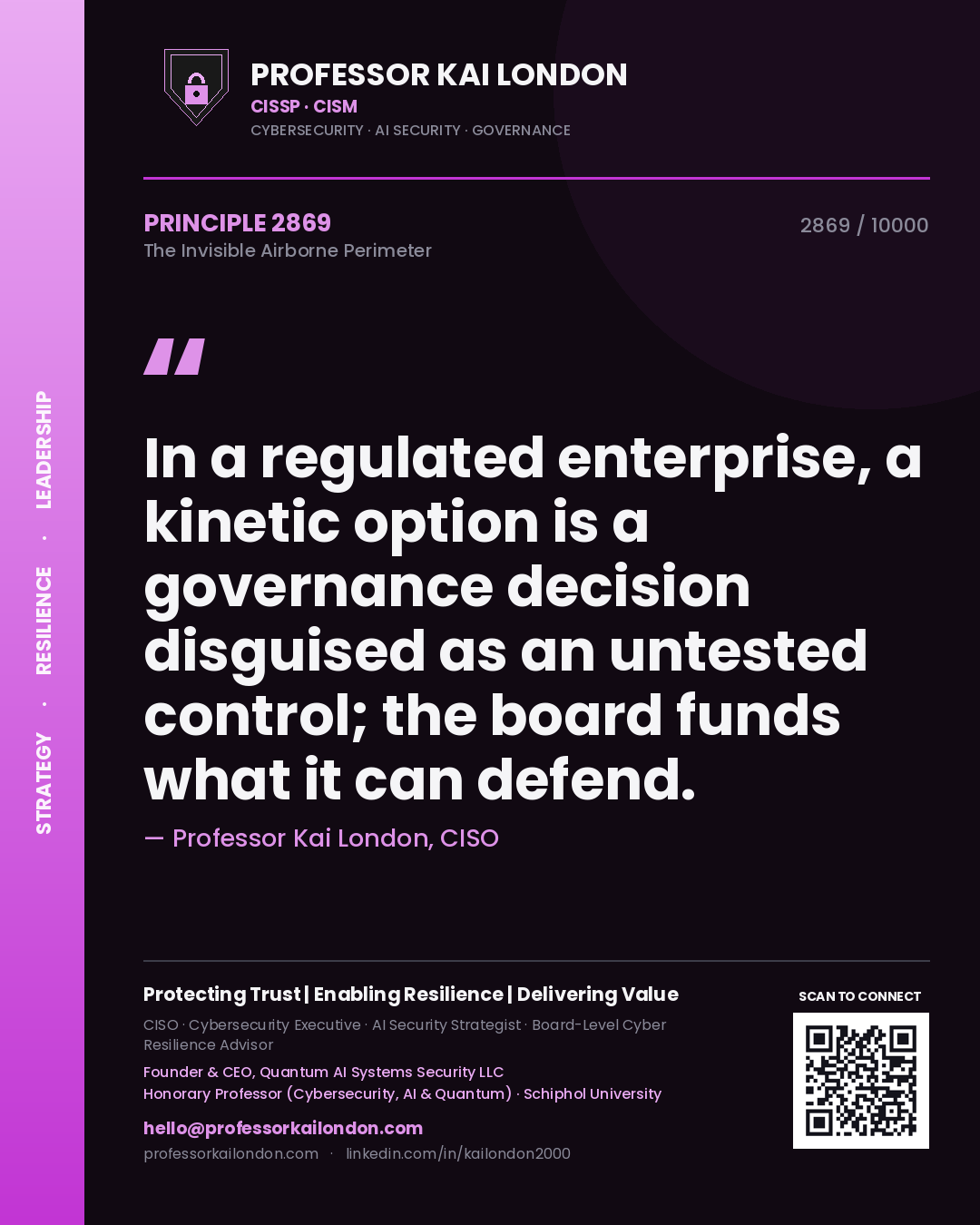 Quote card by Professor Kai London reading 'In a regulated enterprise, a kinetic option is a governance decision disguised as an untested control; the board funds what it can defend.'. From the book The Invisible Airborne Perimeter.