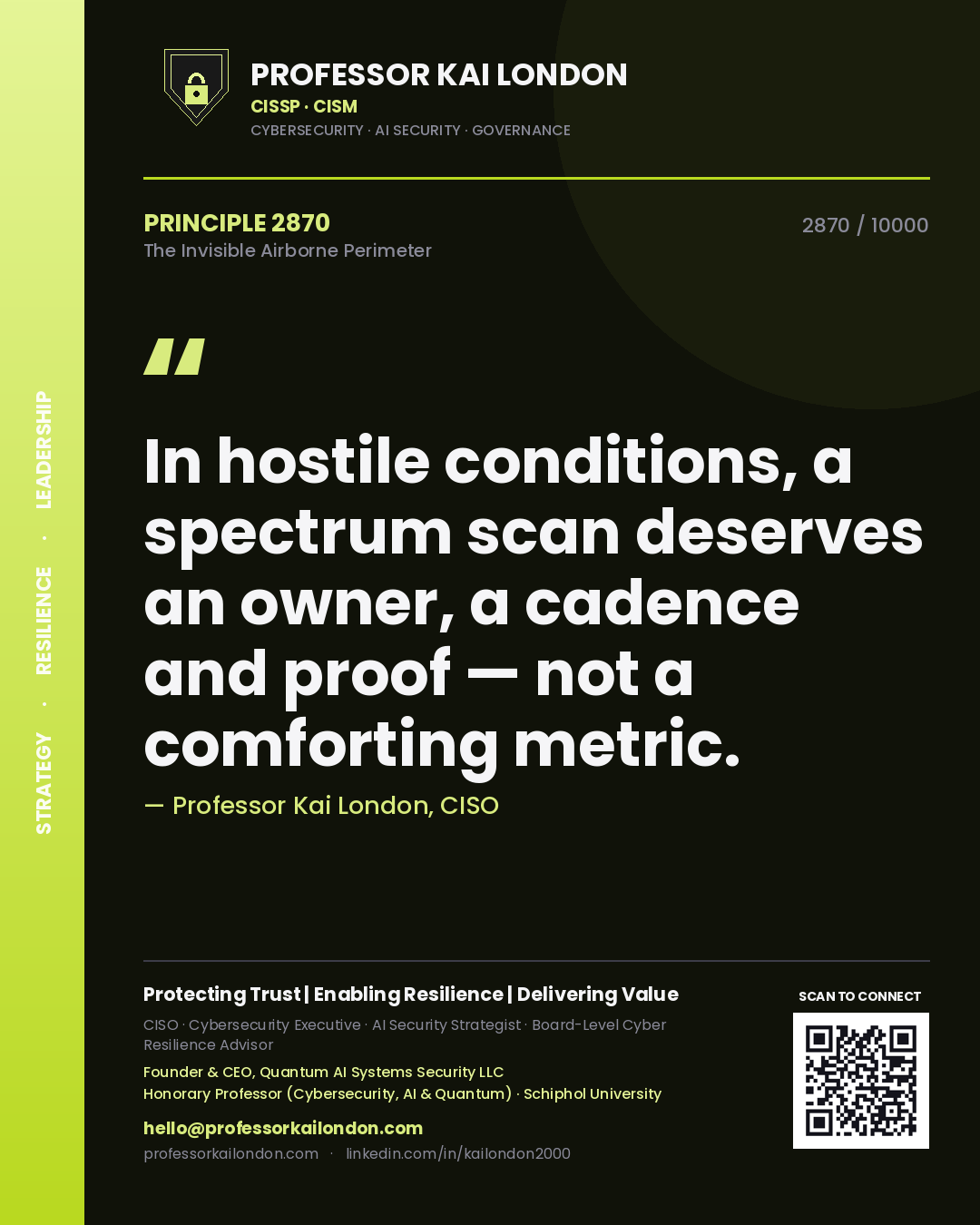 Quote card by Professor Kai London reading 'In hostile conditions, a spectrum scan deserves an owner, a cadence and proof — not a comforting metric.'. From the book The Invisible Airborne Perimeter.