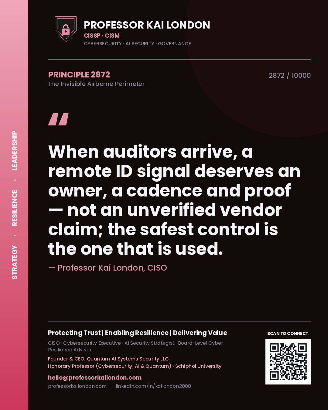 Quote card by Professor Kai London reading 'When auditors arrive, a remote ID signal deserves an owner, a cadence and proof — not an unverified vendor claim; the safest control is the one that is used.'. From the book The Invisible Airborne Perimeter.