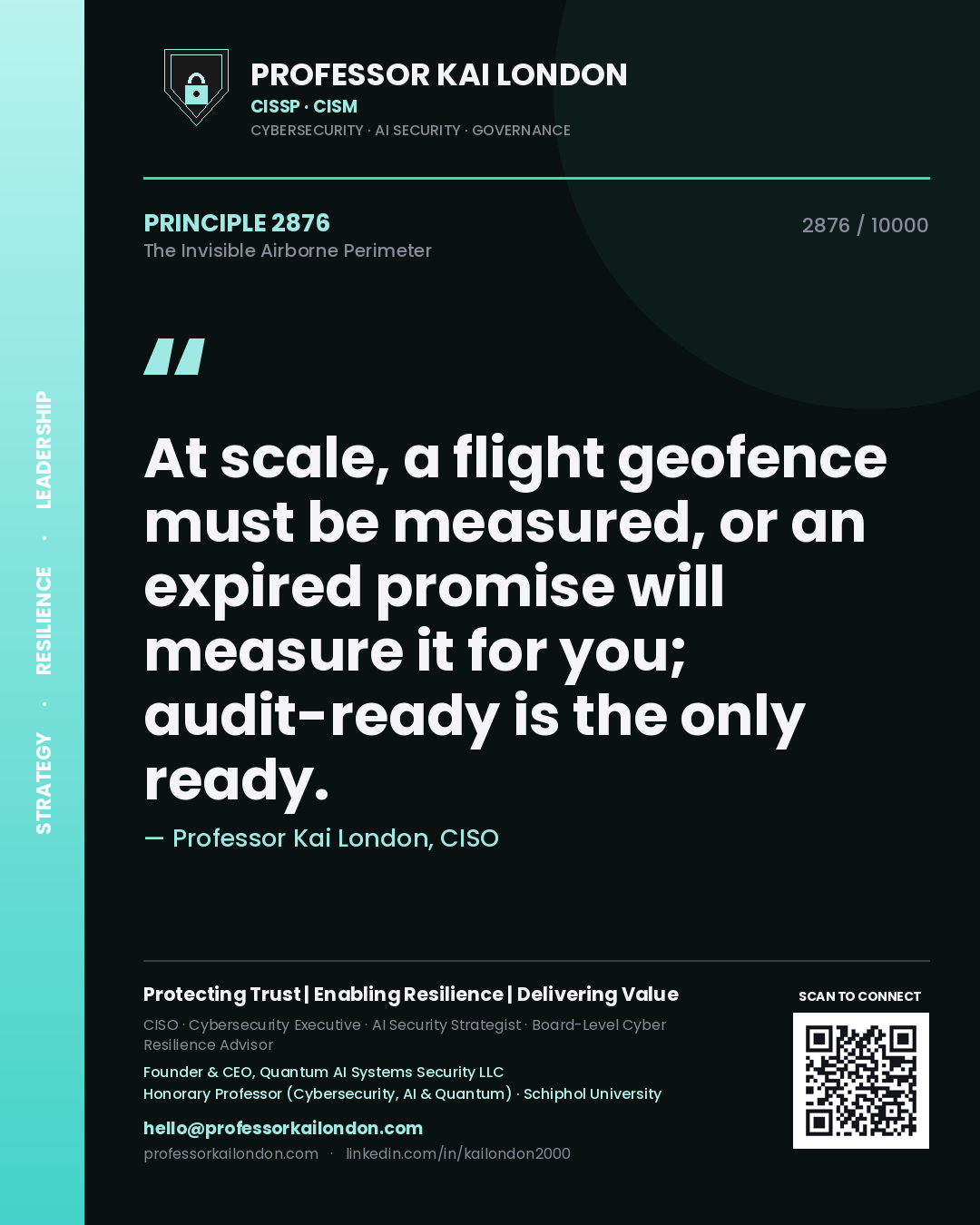 Quote card by Professor Kai London reading 'At scale, a flight geofence must be measured, or an expired promise will measure it for you; audit-ready is the only ready.'. From the book The Invisible Airborne Perimeter.