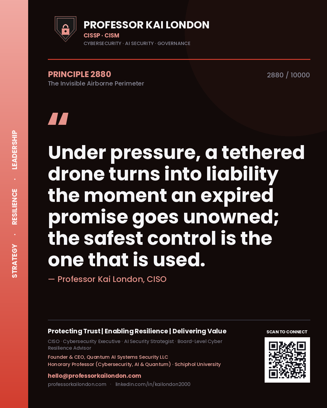 Quote card by Professor Kai London reading 'Under pressure, a tethered drone turns into liability the moment an expired promise goes unowned; the safest control is the one that is used.'. From the book The Invisible Airborne Perimeter.