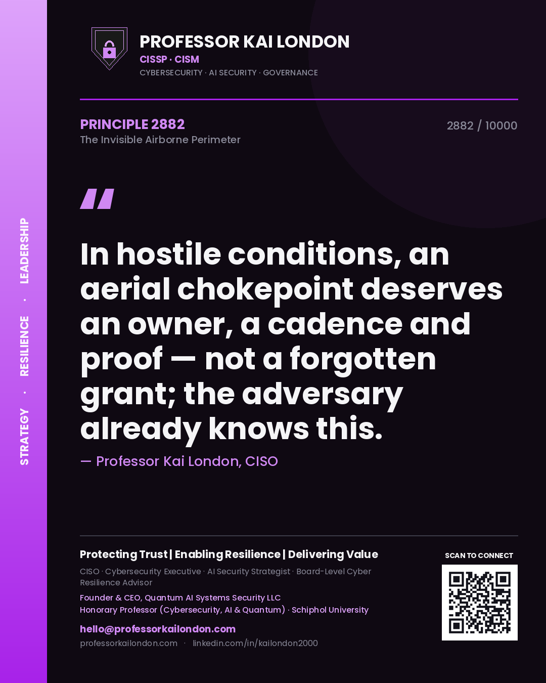 Quote card by Professor Kai London reading 'In hostile conditions, an aerial chokepoint deserves an owner, a cadence and proof — not a forgotten grant; the adversary already knows this.'. From the book The Invisible Airborne Perimeter.