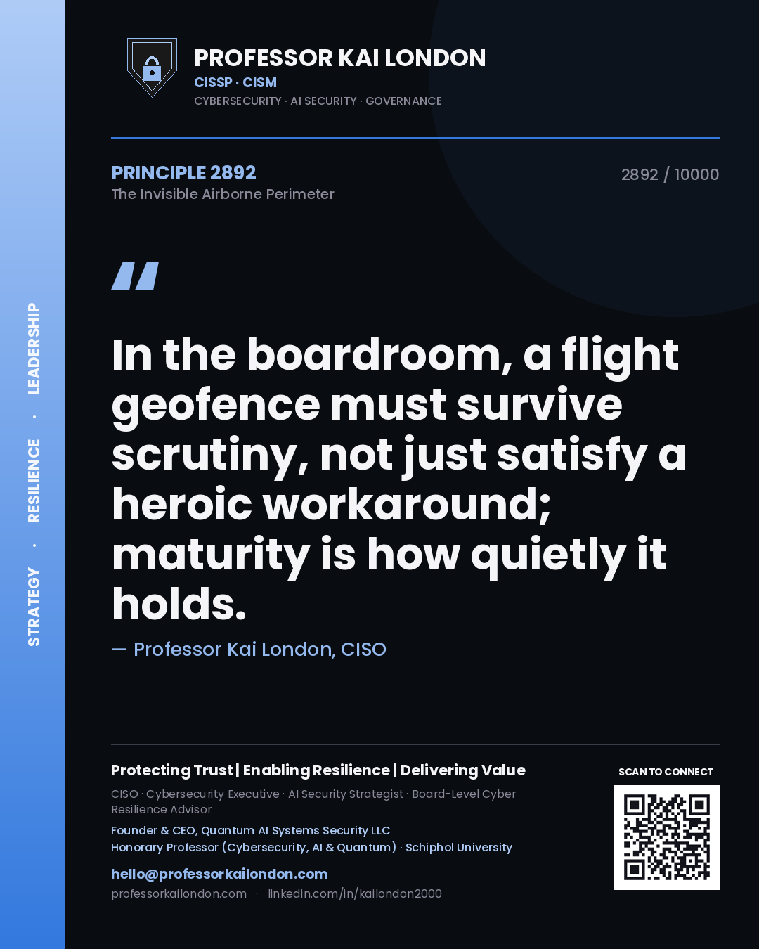 Quote card by Professor Kai London reading 'In the boardroom, a flight geofence must survive scrutiny, not just satisfy a heroic workaround; maturity is how quietly it holds.'. From the book The Invisible Airborne Perimeter.