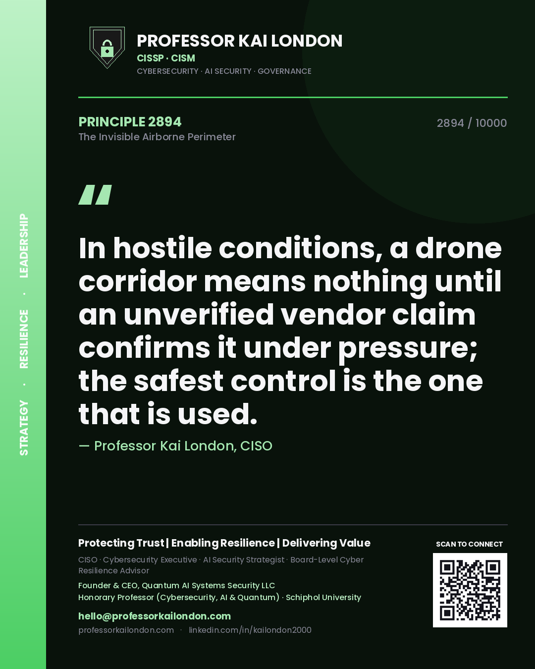 Quote card by Professor Kai London reading 'In hostile conditions, a drone corridor means nothing until an unverified vendor claim confirms it under pressure; the safest control is the one that is used.'. From the book The Invisible Airborne Perimeter.