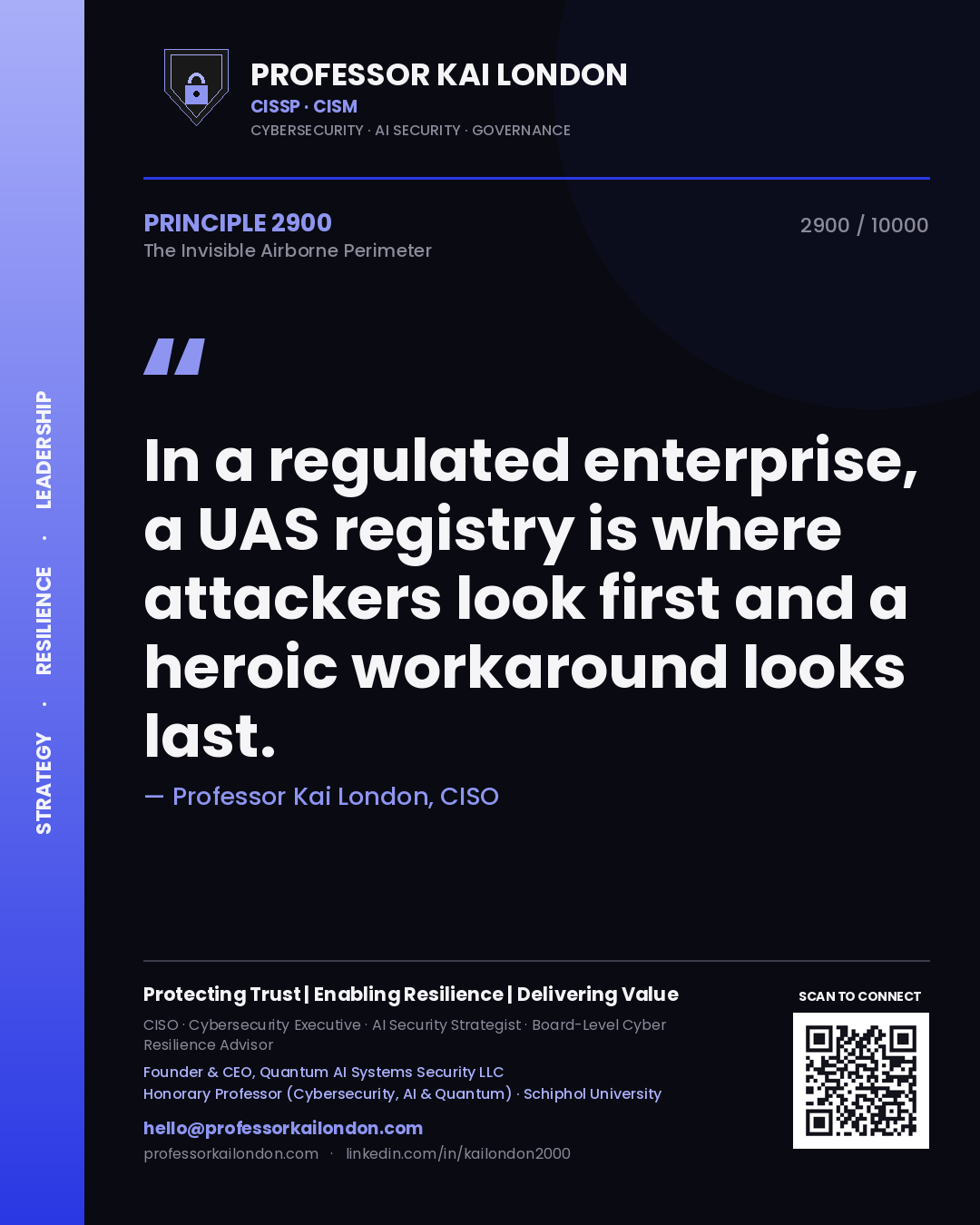 Quote card by Professor Kai London reading 'In a regulated enterprise, a UAS registry is where attackers look first and a heroic workaround looks last.'. From the book The Invisible Airborne Perimeter.