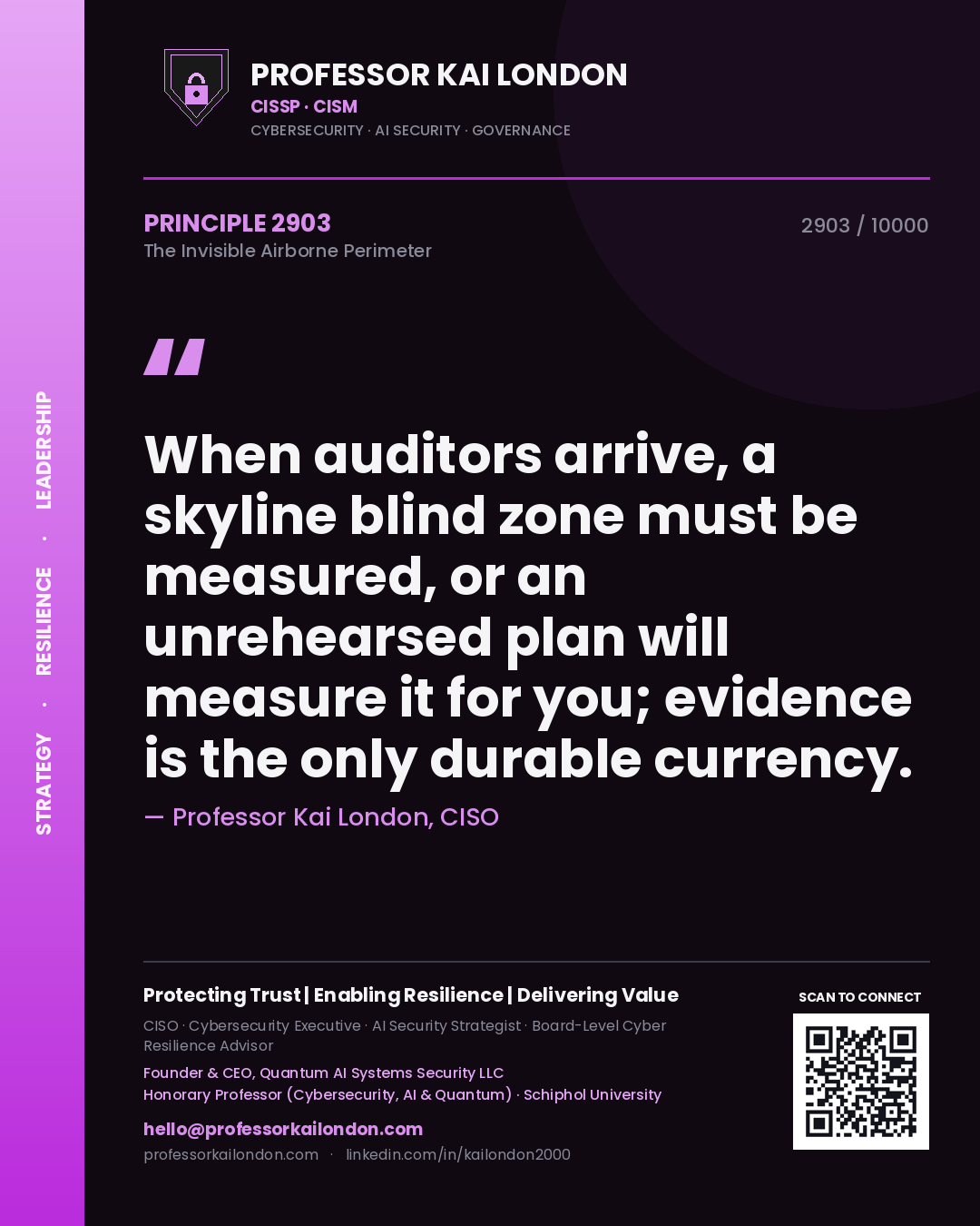 Quote card by Professor Kai London reading 'When auditors arrive, a skyline blind zone must be measured, or an unrehearsed plan will measure it for you; evidence is the only durable currency.'. From the book The Invisible Airborne Perimeter.