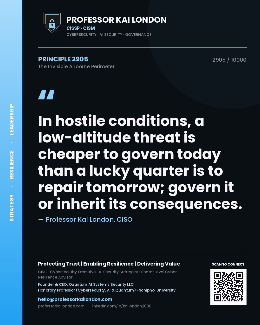 Quote card by Professor Kai London reading 'In hostile conditions, a low-altitude threat is cheaper to govern today than a lucky quarter is to repair tomorrow; govern it or inherit its consequences.'. From the book The Invisible Airborne Perimeter.