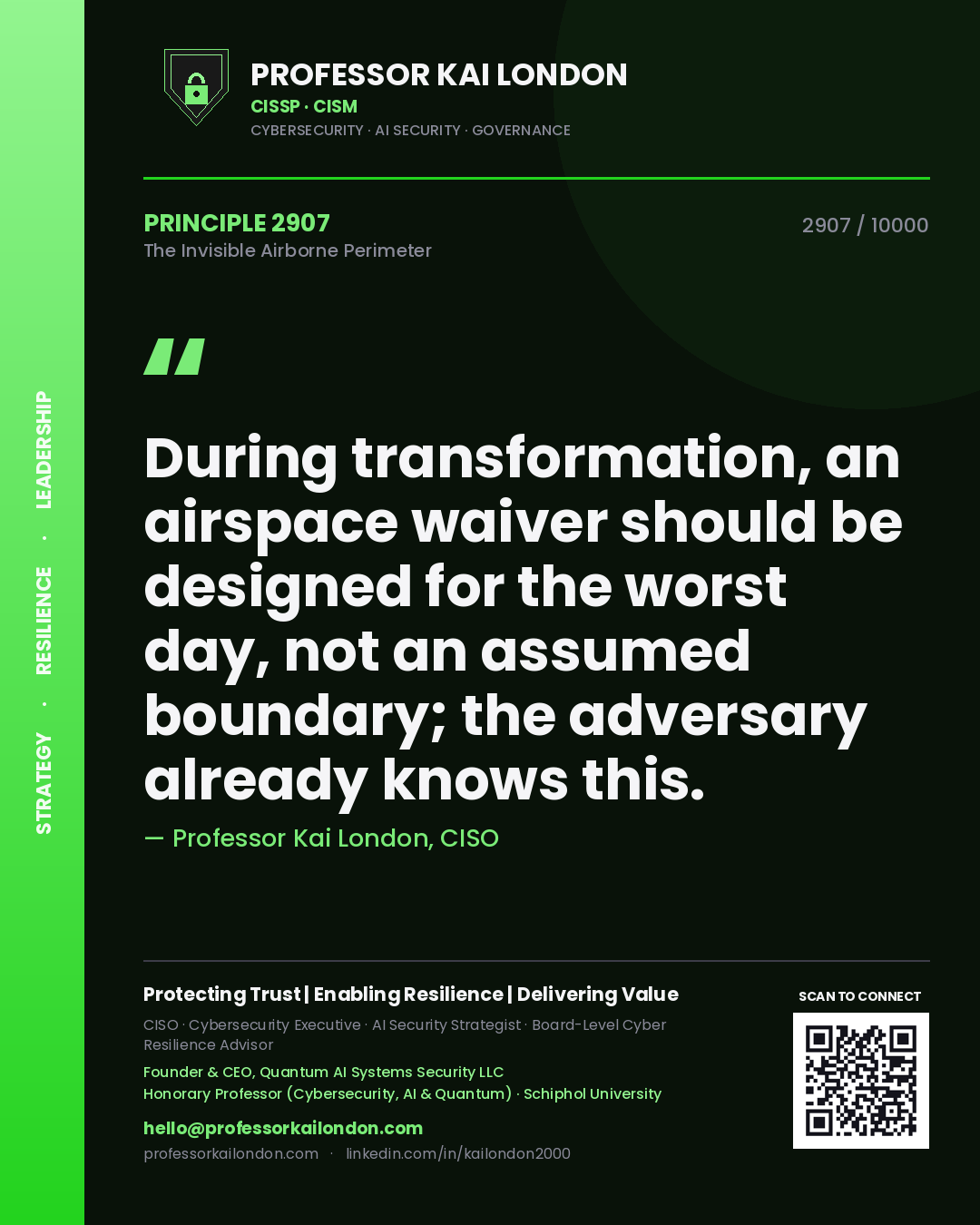 Quote card by Professor Kai London reading 'During transformation, an airspace waiver should be designed for the worst day, not an assumed boundary; the adversary already knows this.'. From the book The Invisible Airborne Perimeter.