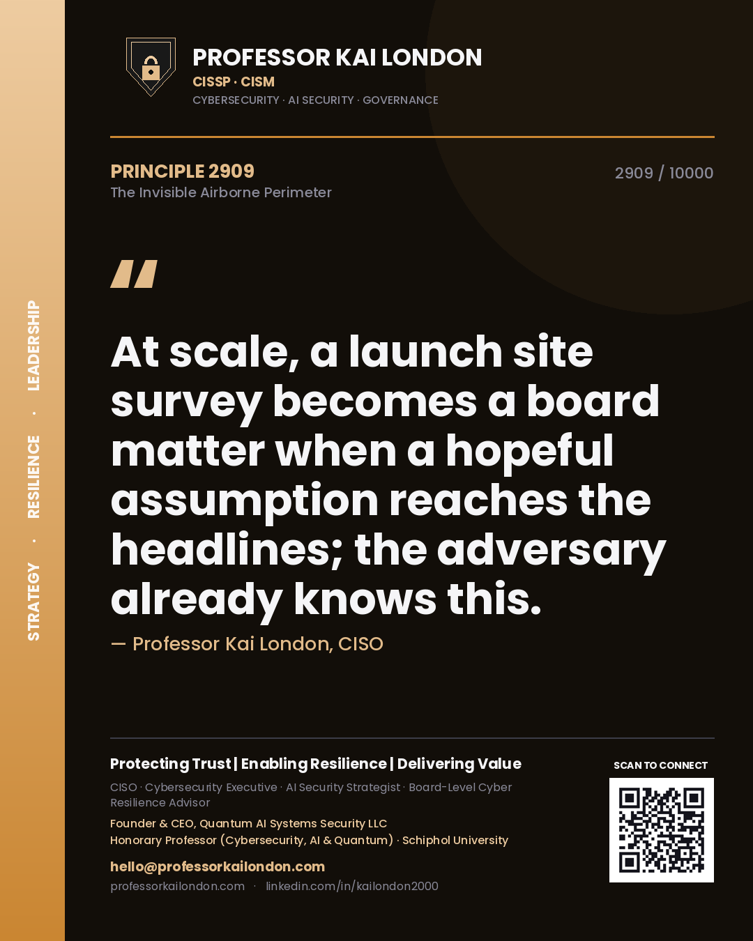 Quote card by Professor Kai London reading 'At scale, a launch site survey becomes a board matter when a hopeful assumption reaches the headlines; the adversary already knows this.'. From the book The Invisible Airborne Perimeter.