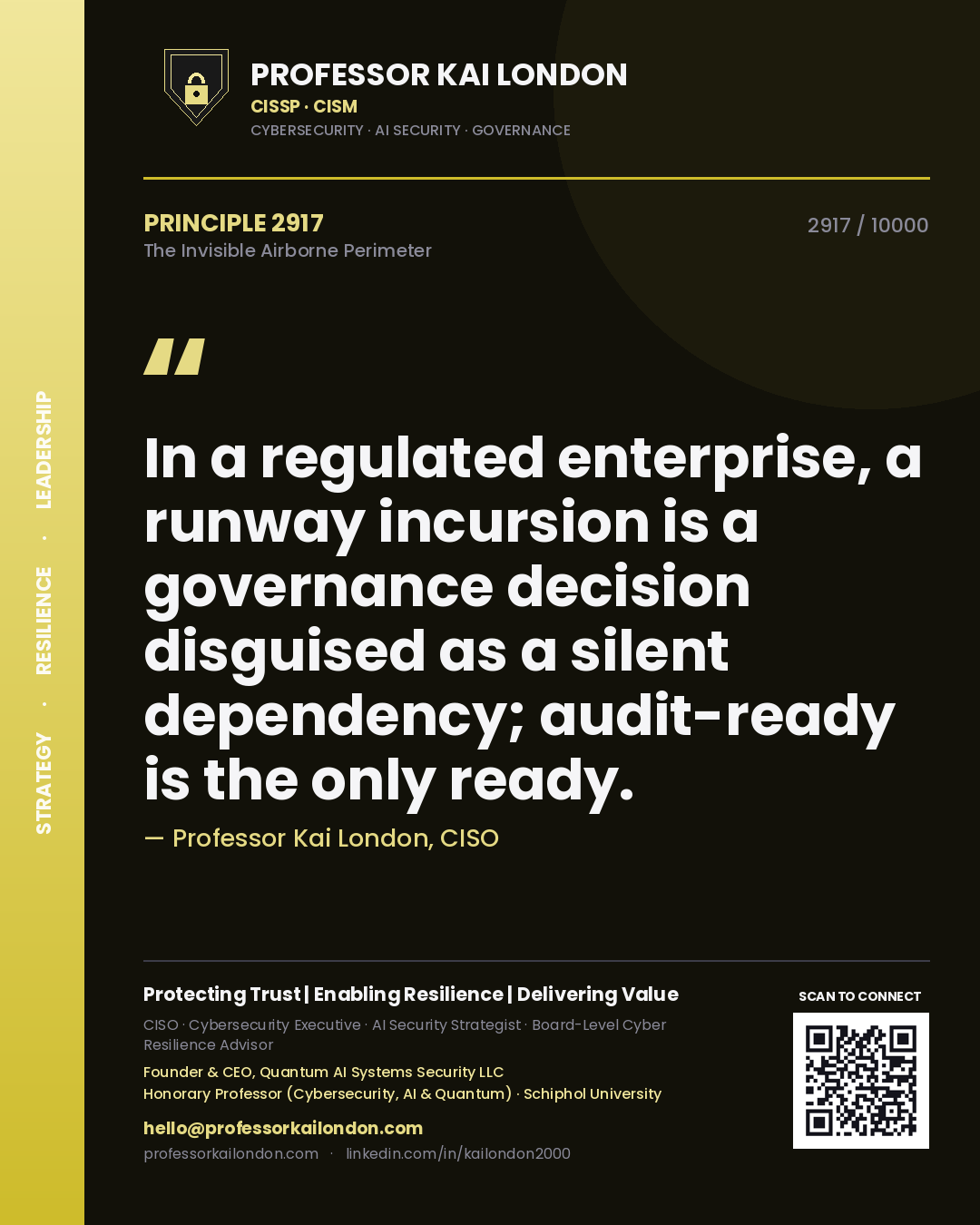 Quote card by Professor Kai London reading 'In a regulated enterprise, a runway incursion is a governance decision disguised as a silent dependency; audit-ready is the only ready.'. From the book The Invisible Airborne Perimeter.