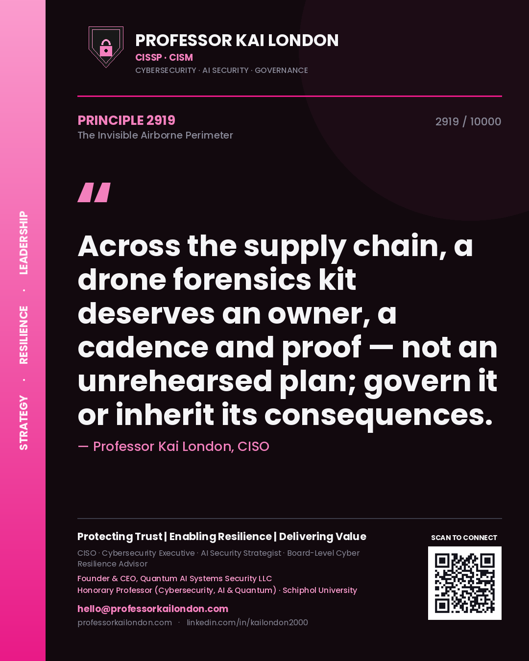 Quote card by Professor Kai London reading 'Across the supply chain, a drone forensics kit deserves an owner, a cadence and proof — not an unrehearsed plan; govern it or inherit its consequences.'. From the book The Invisible Airborne Perimeter.