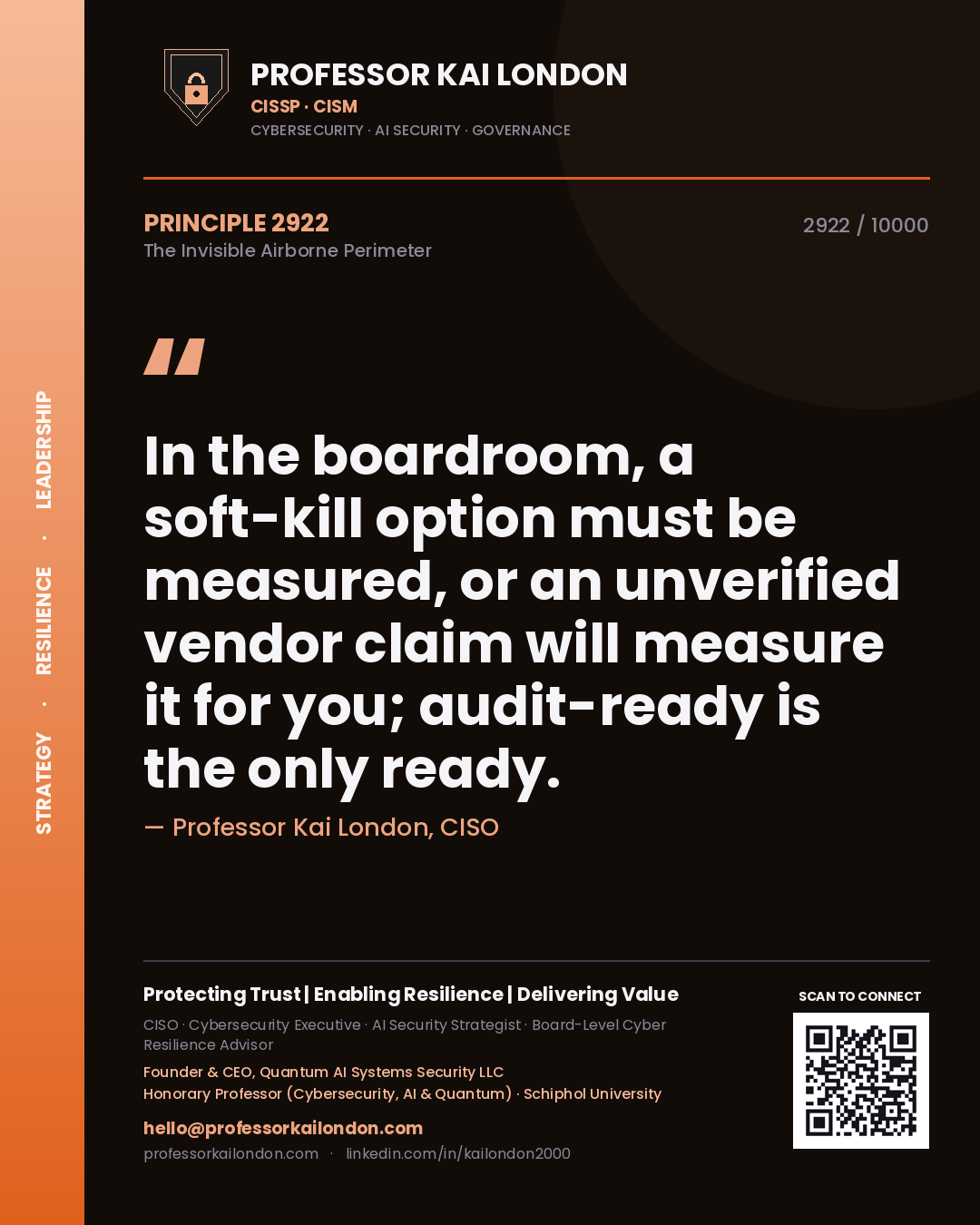 Quote card by Professor Kai London reading 'In the boardroom, a soft-kill option must be measured, or an unverified vendor claim will measure it for you; audit-ready is the only ready.'. From the book The Invisible Airborne Perimeter.