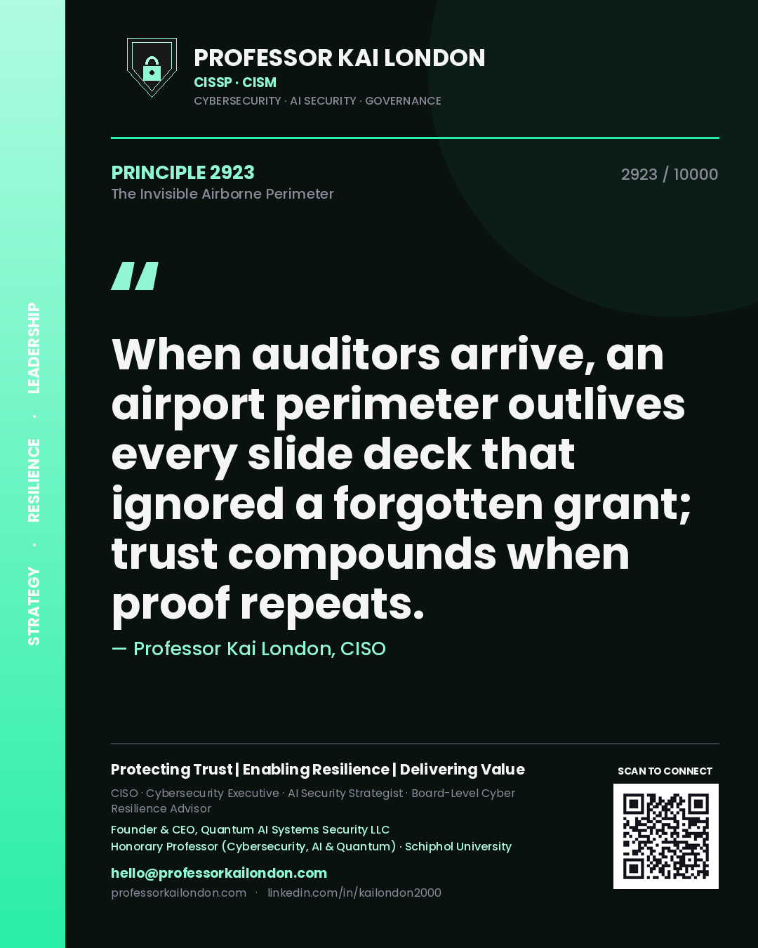 Quote card by Professor Kai London reading 'When auditors arrive, an airport perimeter outlives every slide deck that ignored a forgotten grant; trust compounds when proof repeats.'. From the book The Invisible Airborne Perimeter.