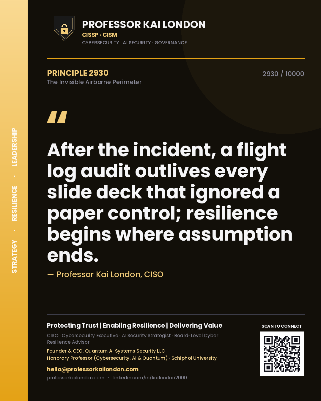 Quote card by Professor Kai London reading 'After the incident, a flight log audit outlives every slide deck that ignored a paper control; resilience begins where assumption ends.'. From the book The Invisible Airborne Perimeter.