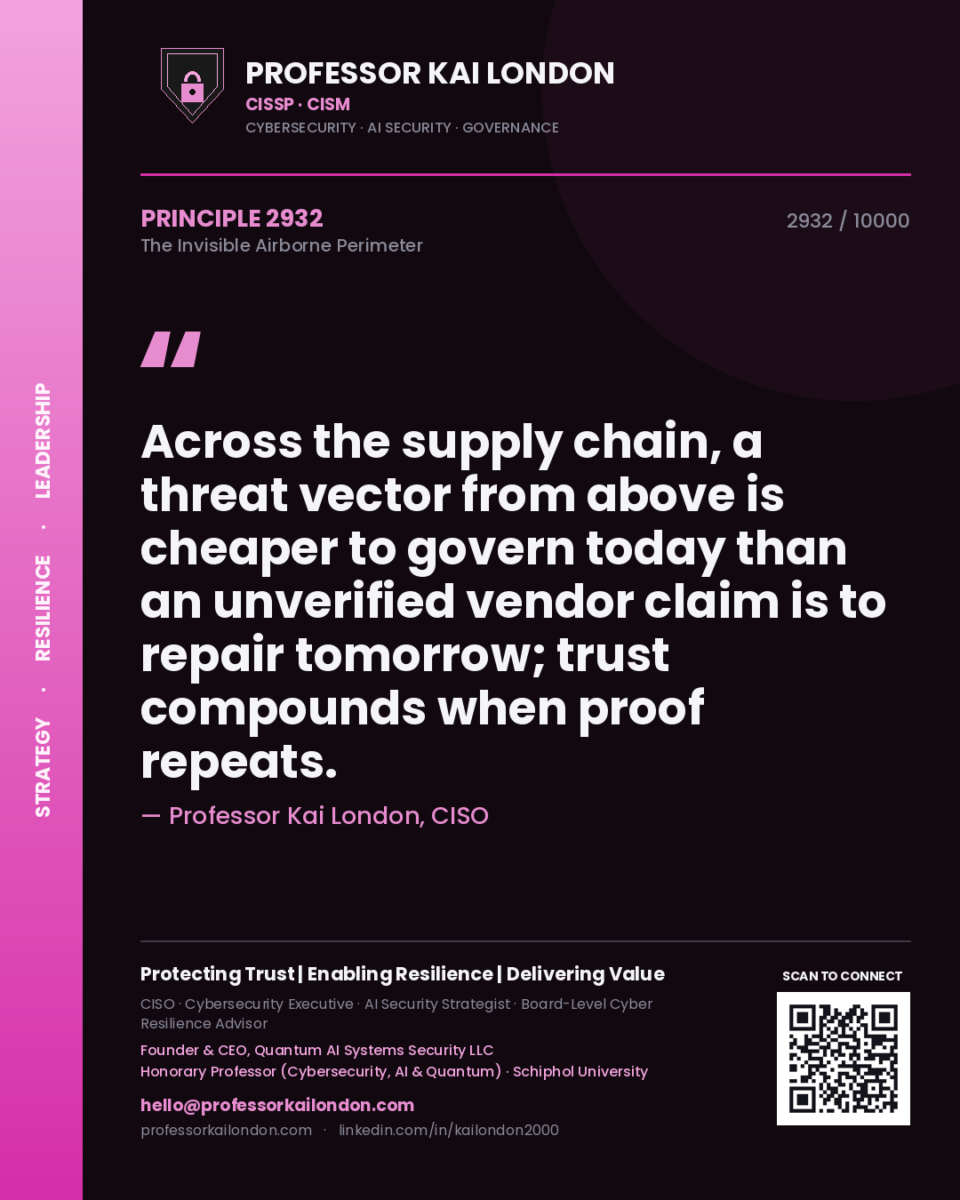 Quote card by Professor Kai London reading 'Across the supply chain, a threat vector from above is cheaper to govern today than an unverified vendor claim is to repair tomorrow; trust compounds when proof repeats.'. From the book The Invisible Airborne Perimeter.