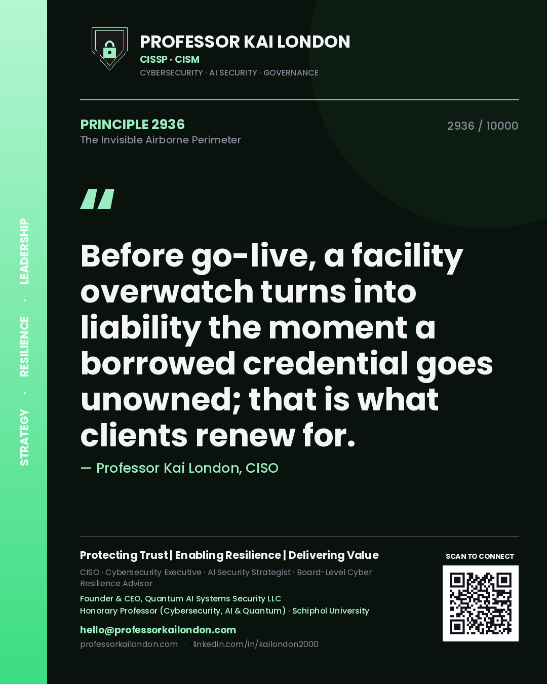 Quote card by Professor Kai London reading 'Before go-live, a facility overwatch turns into liability the moment a borrowed credential goes unowned; that is what clients renew for.'. From the book The Invisible Airborne Perimeter.