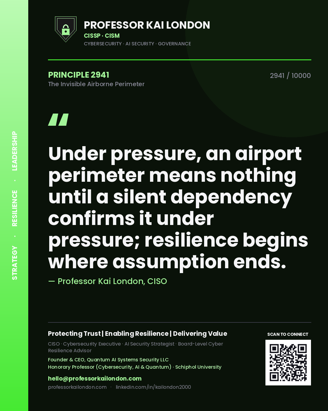 Quote card by Professor Kai London reading 'Under pressure, an airport perimeter means nothing until a silent dependency confirms it under pressure; resilience begins where assumption ends.'. From the book The Invisible Airborne Perimeter.