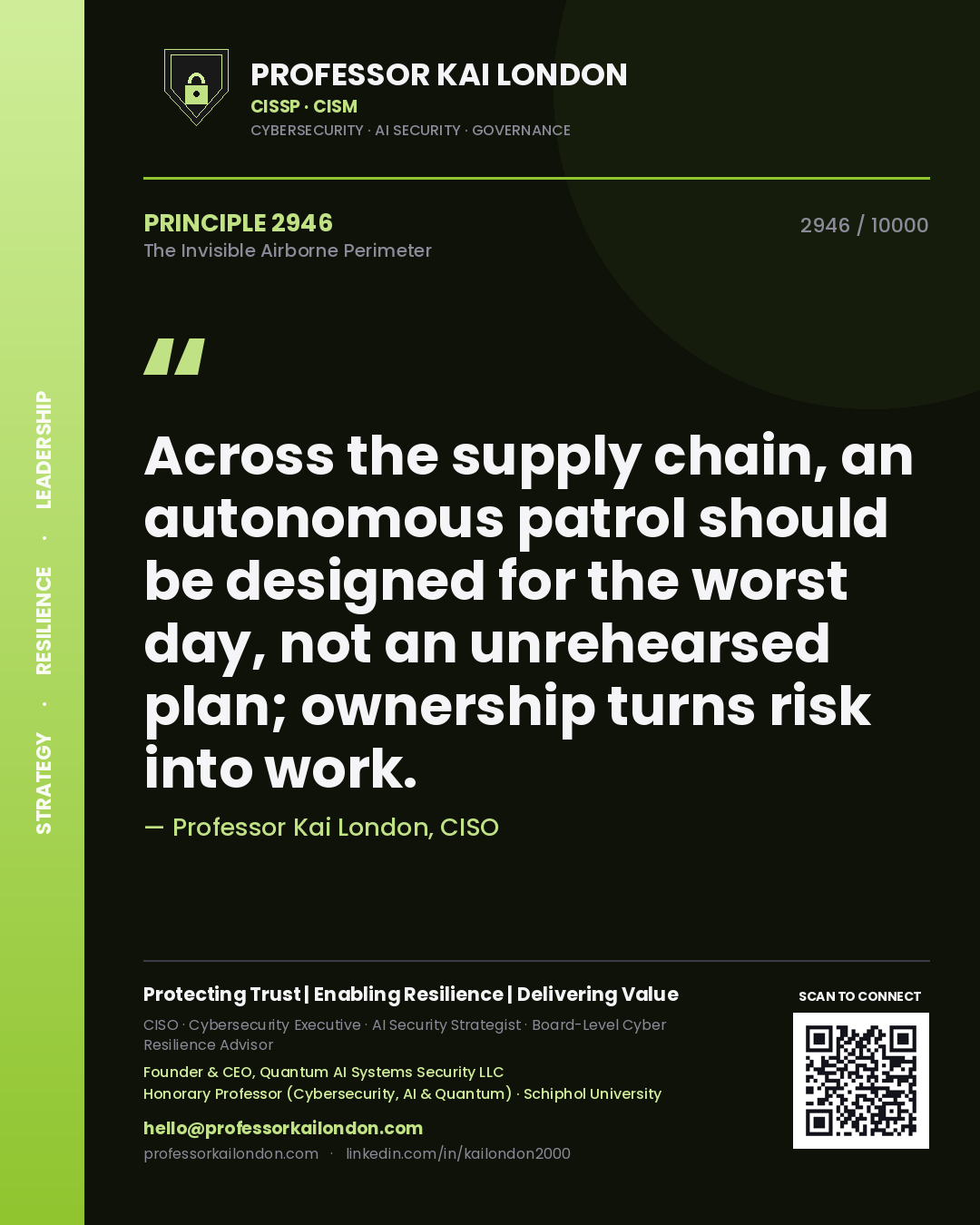 Quote card by Professor Kai London reading 'Across the supply chain, an autonomous patrol should be designed for the worst day, not an unrehearsed plan; ownership turns risk into work.'. From the book The Invisible Airborne Perimeter.